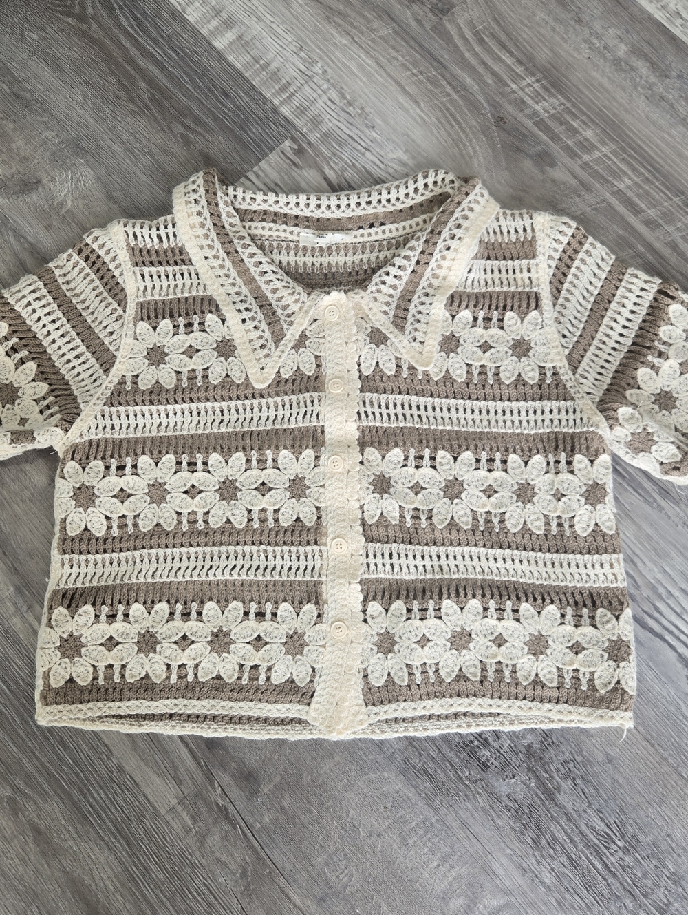 Crochet Floral Button-Up Crop Top in Cream and Taupe